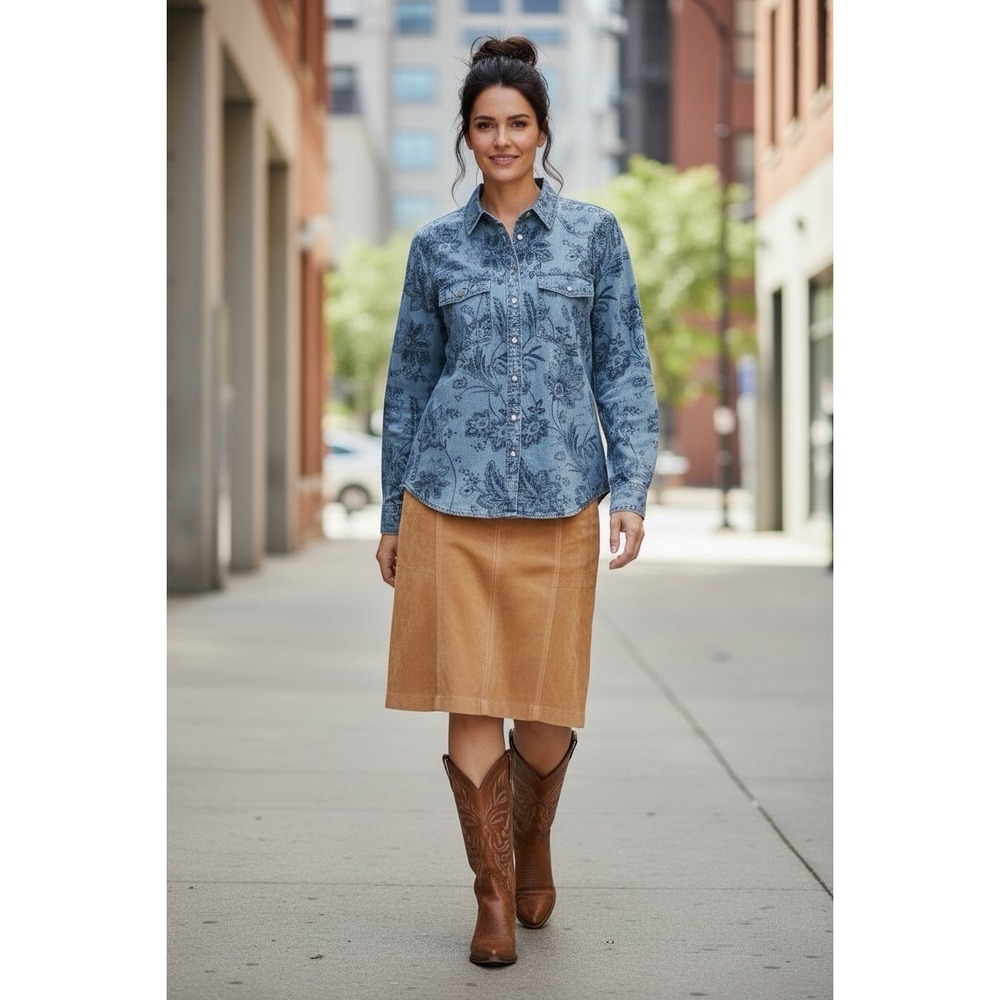 Sundance Women M Floral Paisley Pearl Snap Button Down Shirt Chambray Denim Blue